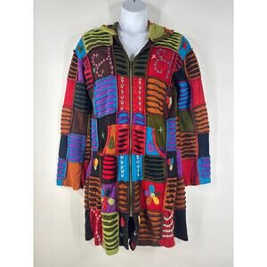 Rising International Women's Jacket 1X Nepal Long Duster Hoodie Patchwork Hippie